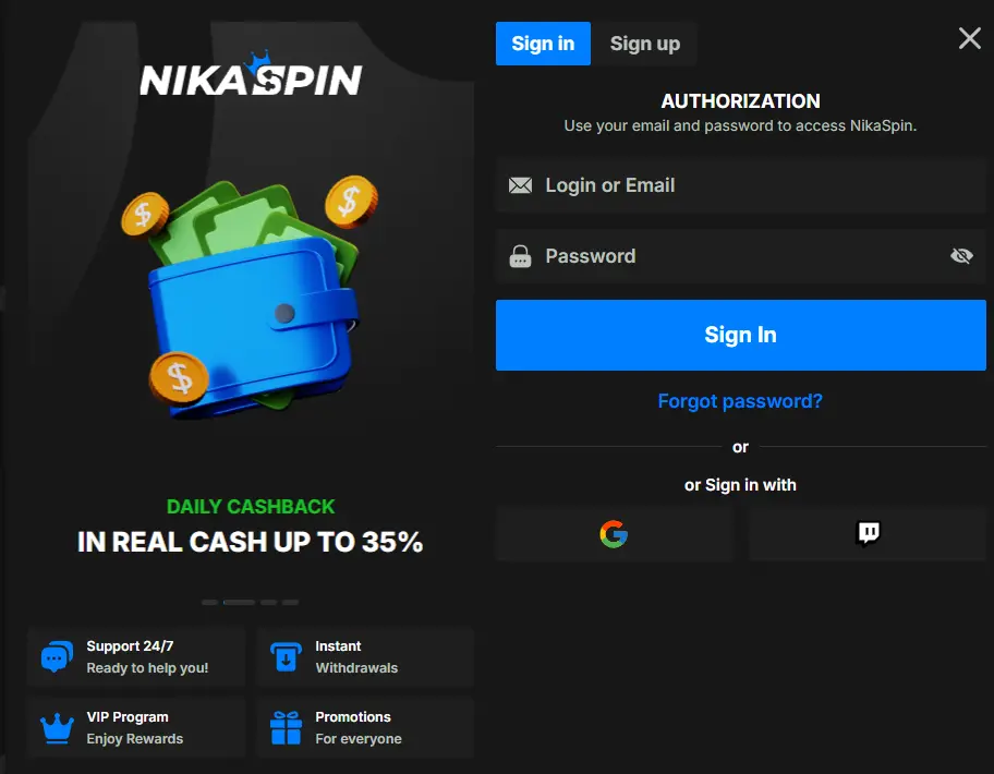 NikaSpin Autorization